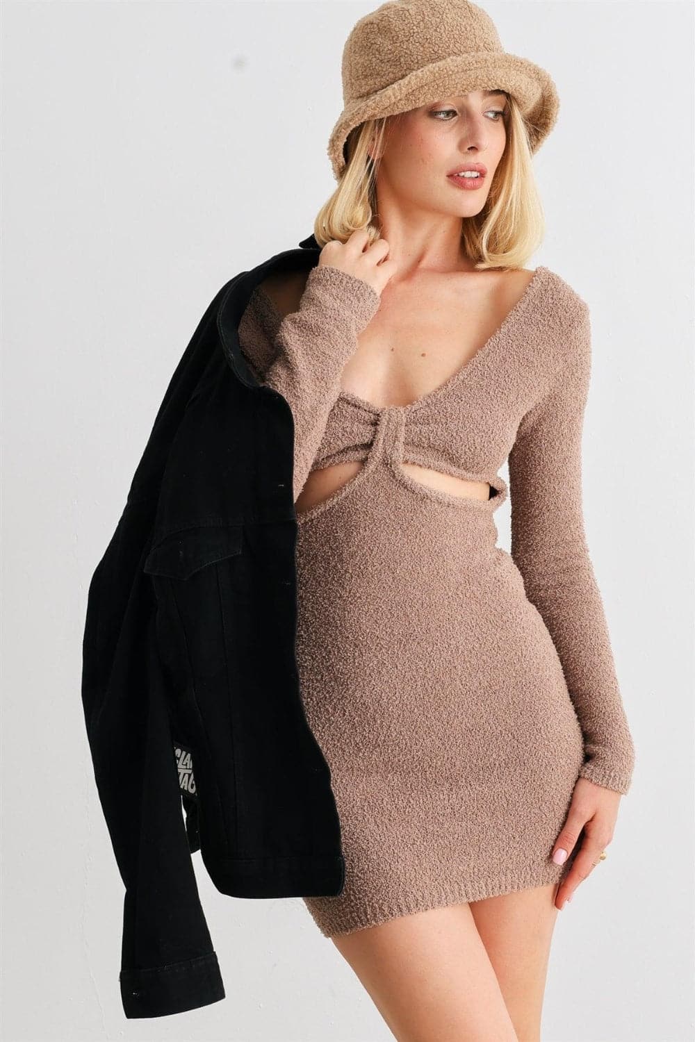 HERA COLLECTION Fluffy Bow Cut-Out Detail Long Sleeve Mini Dress.