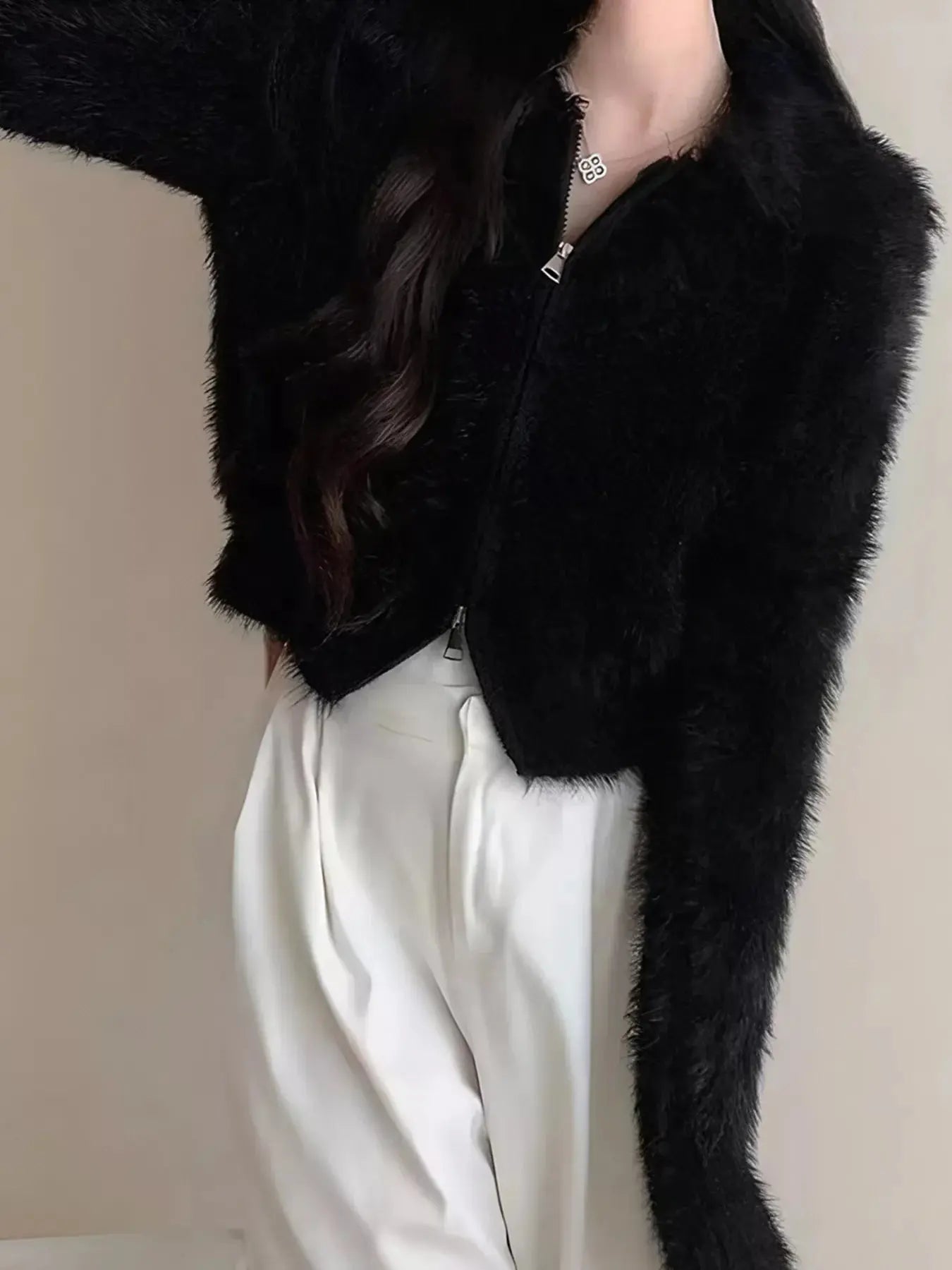 Fluffy Knit Zip-Up Outerwear Simply Love