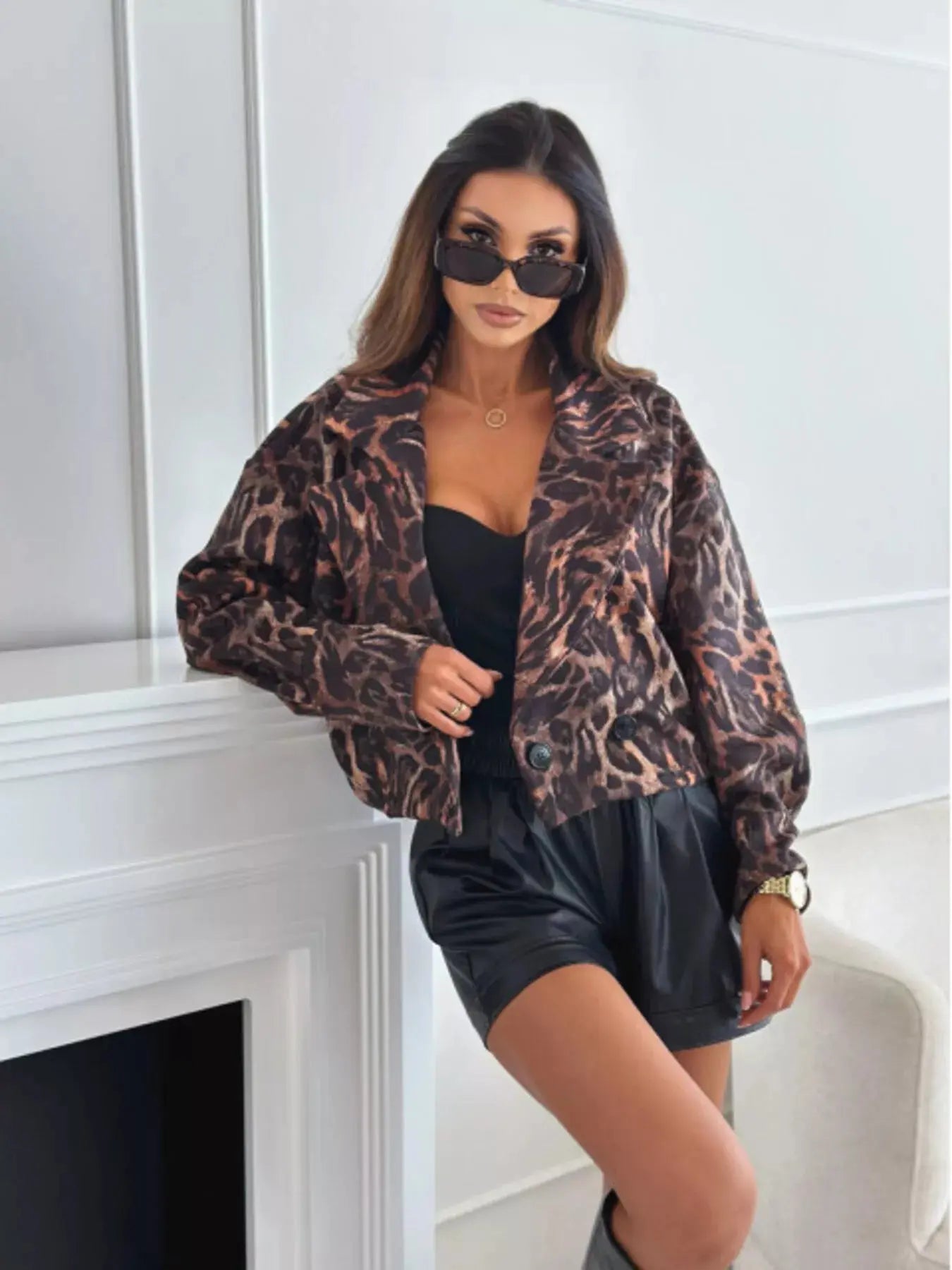 Leopard Print Cropped Blazer Simply Love