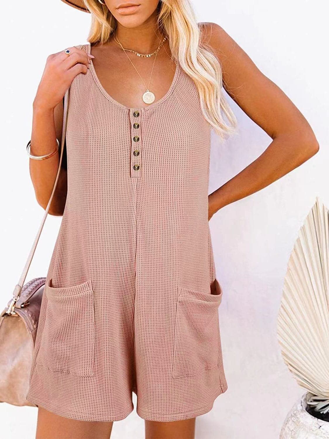 Full Size Pocketed Scoop Neck Sleeveless Romper.