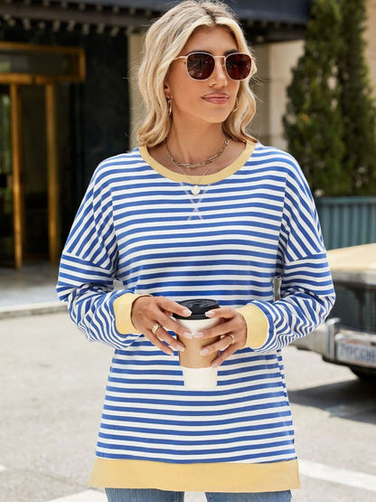 Slit Striped Round Neck Long Sleeve Sweatshirt.