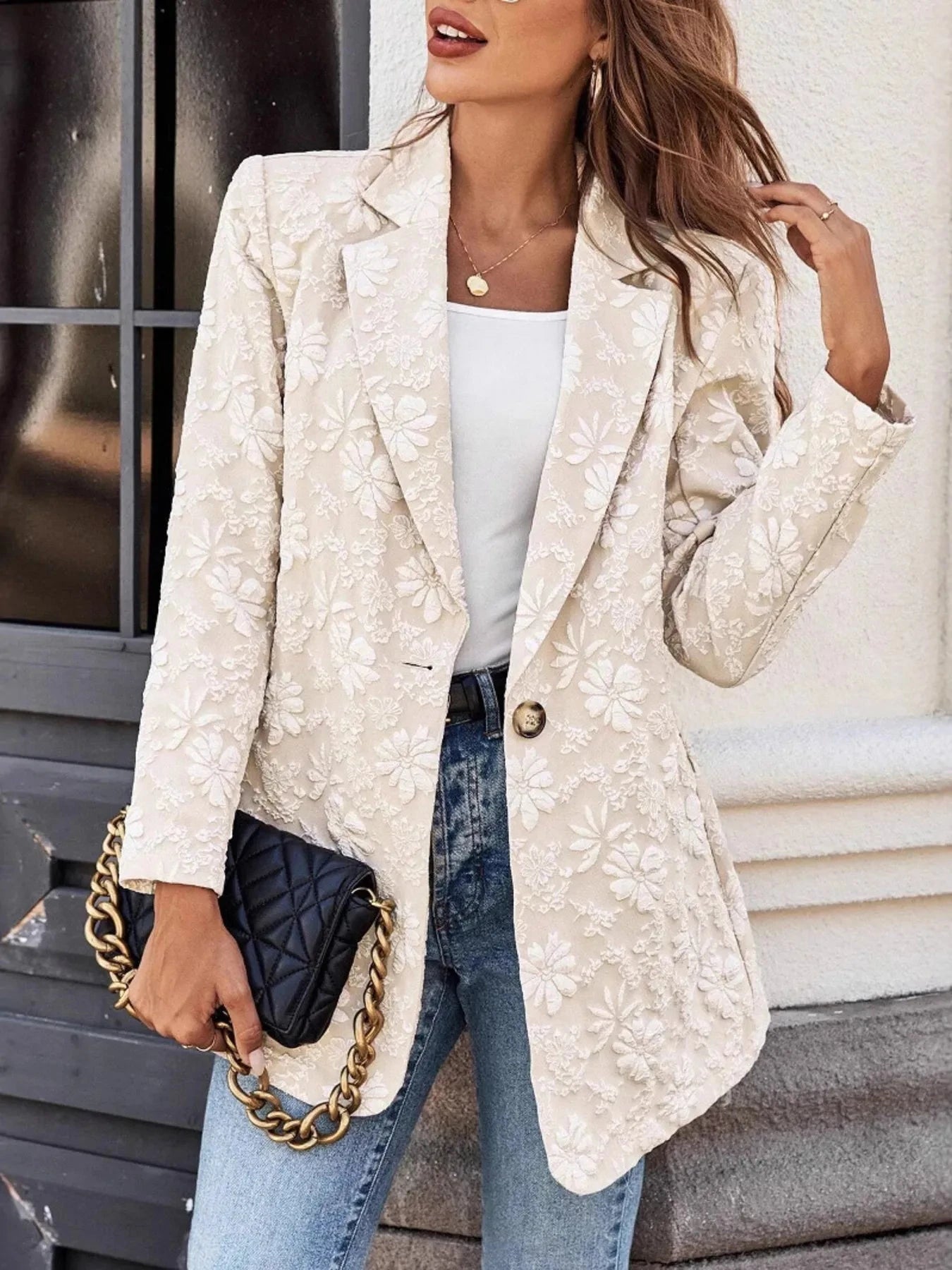 Floral Jacquard One Button Long Sleeve Blazer Coco’s Tee Boutique