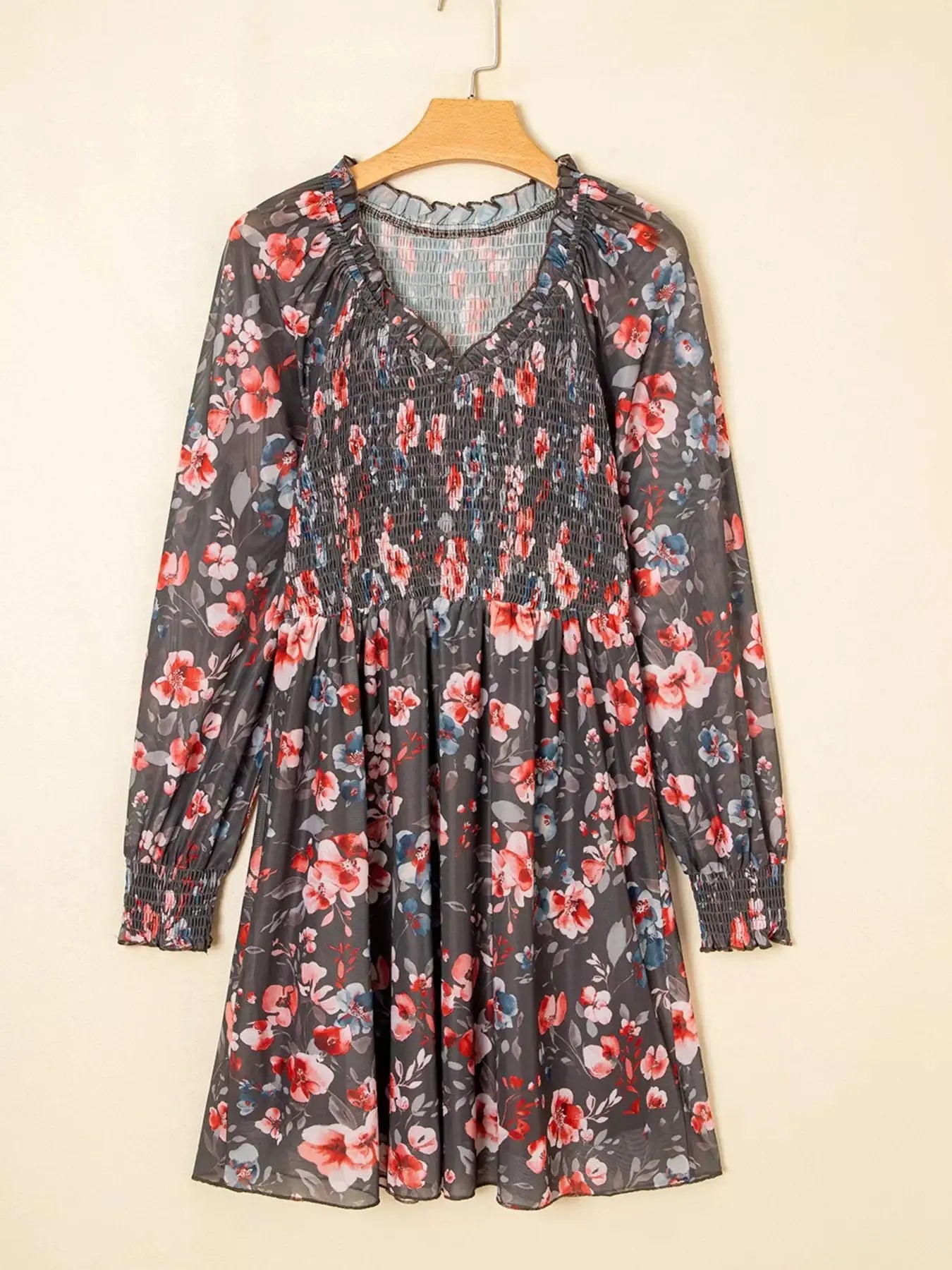 Frilly Smocked Bodice Floral Mesh Long Sleeve Mini Dress Simply Love