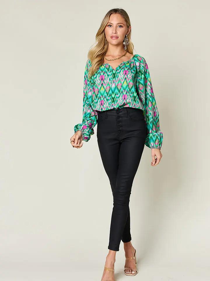 Double Take Full Size Printed Balloon Sleeve Blouse - Love Salve