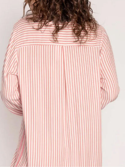 Button-Up Striped Long Sleeve Lounge Set with Collared Top and Shorts