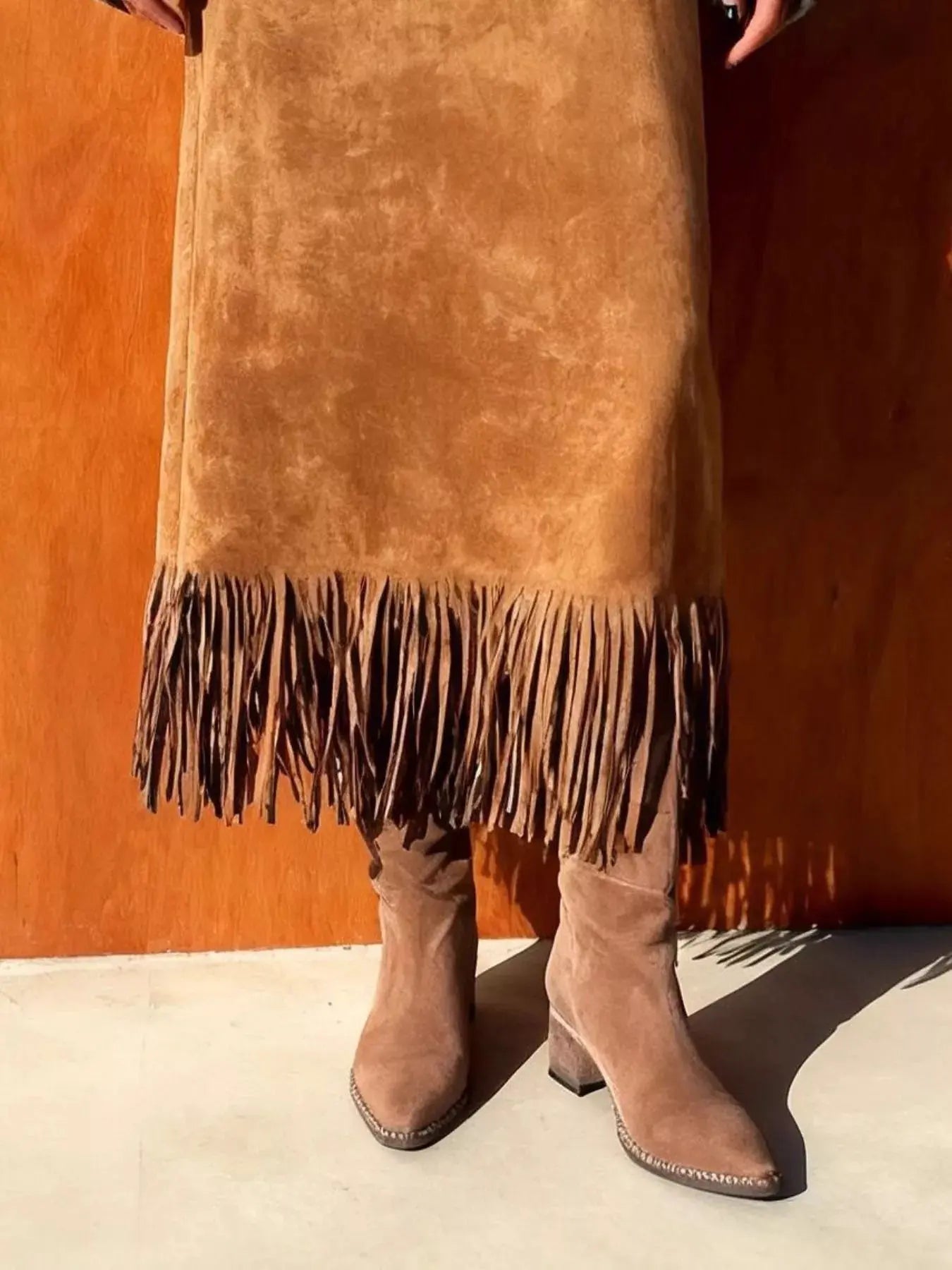Suede Fringe Midi Skirt Simply Love