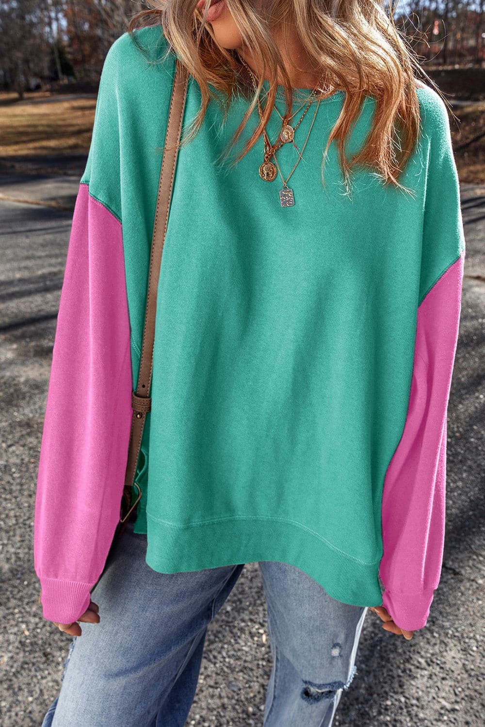 Color-blocked round neck long sleeve sweatshirt