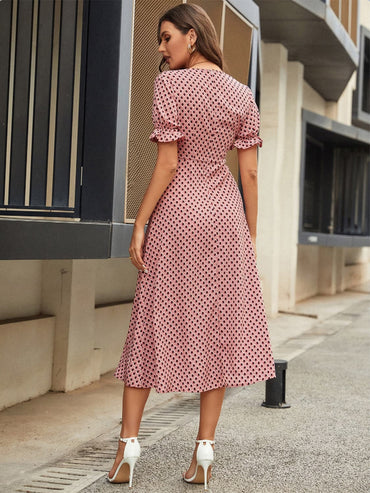 Printed V-Neck Flounce Sleeve Midi Dress.