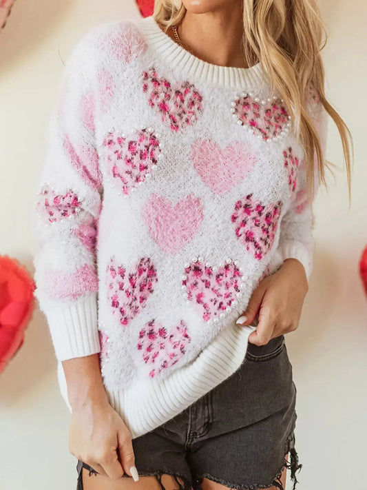 Heart Leopard Pearled Ribbed Trim Fuzzy Sweater Simply Love