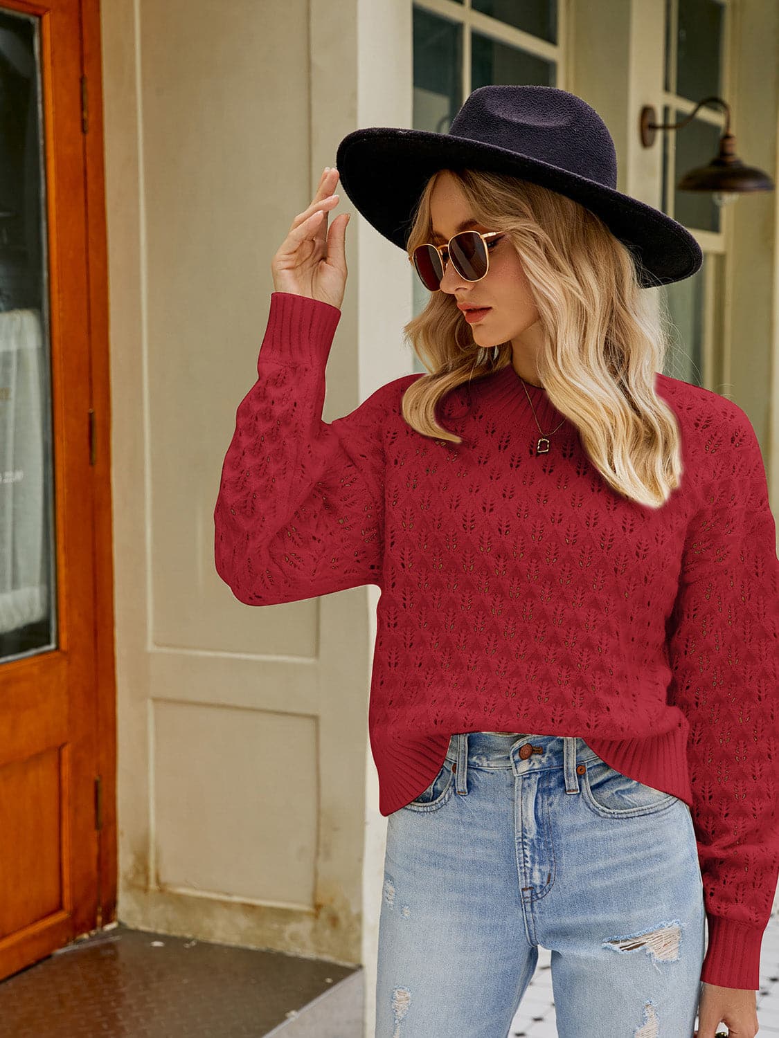 Openwork Round Neck Sweater.