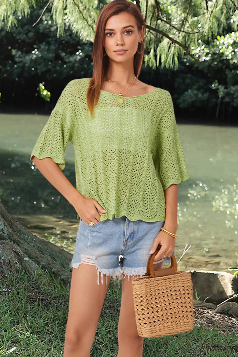 Openwork Round Neck Half Sleeve Knit Top.