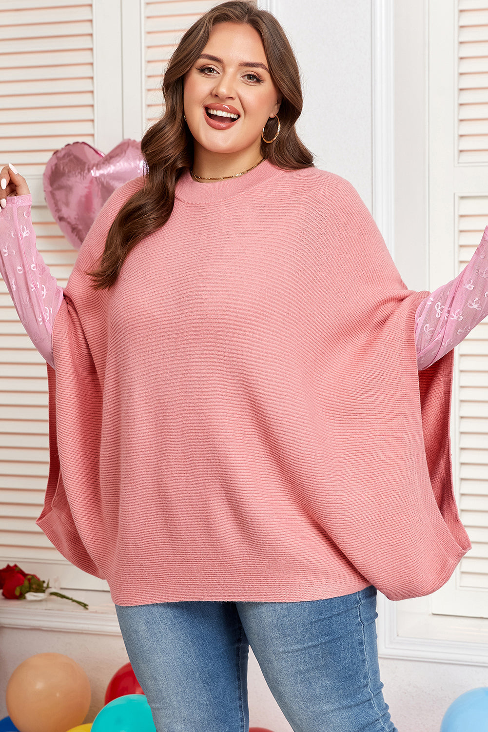 Light Pink Ribbed Knit Poncho Style Sweater Plus Size Dear-Lover Dropshipping