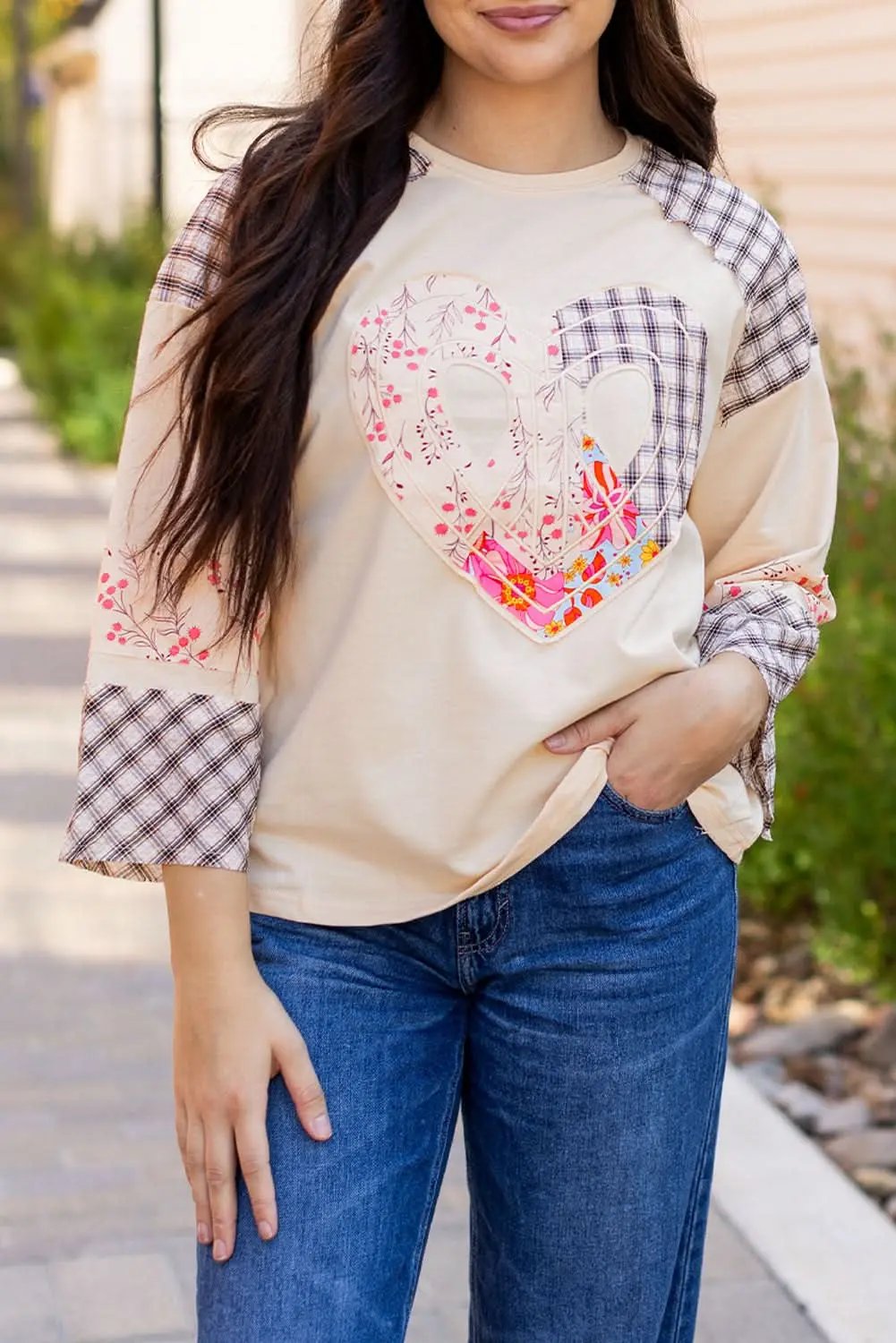 Beige Plaid Floral Peace Heart Graphic Wide Long Sleeve Top - Love Salve 