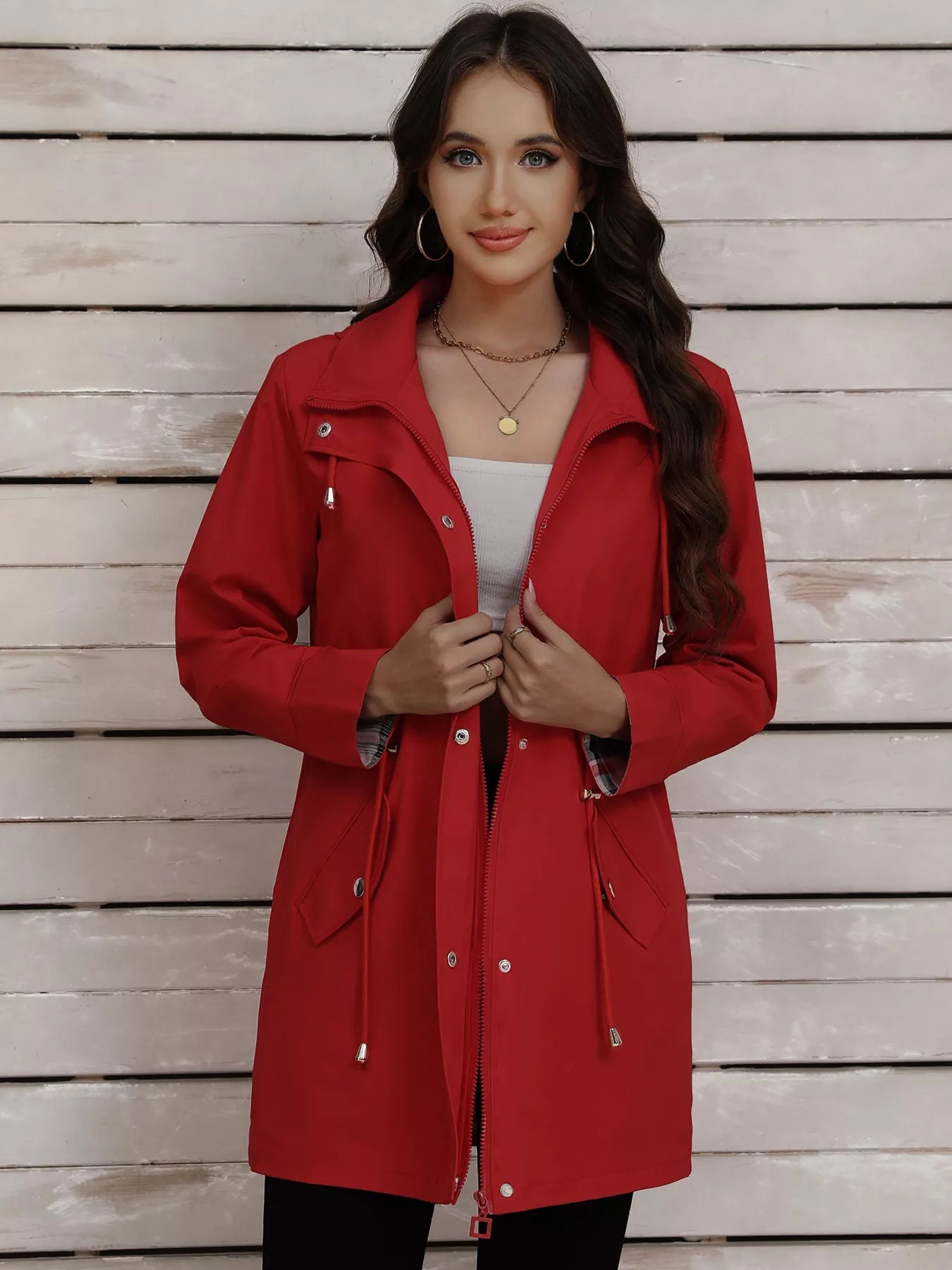 Drawstring Snap-Down Trench Coat Simply Love