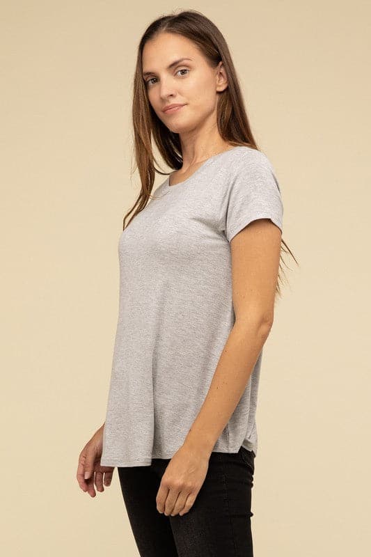 Flowy Round Hem Rayon Short Sleeve Top.