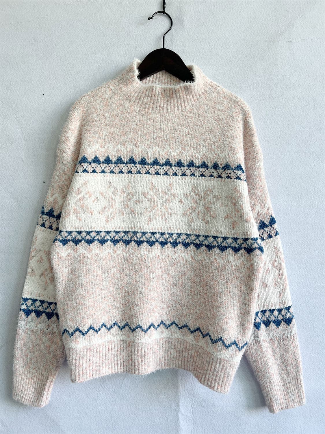 Geometric Mock Neck Dropped Shoulder Sweater.