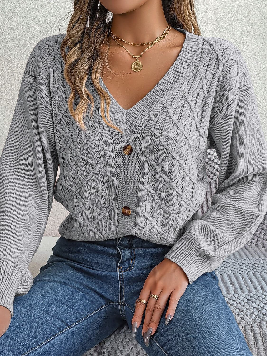 Cable-Knit V-Neck Lantern Sleeve Sweater.