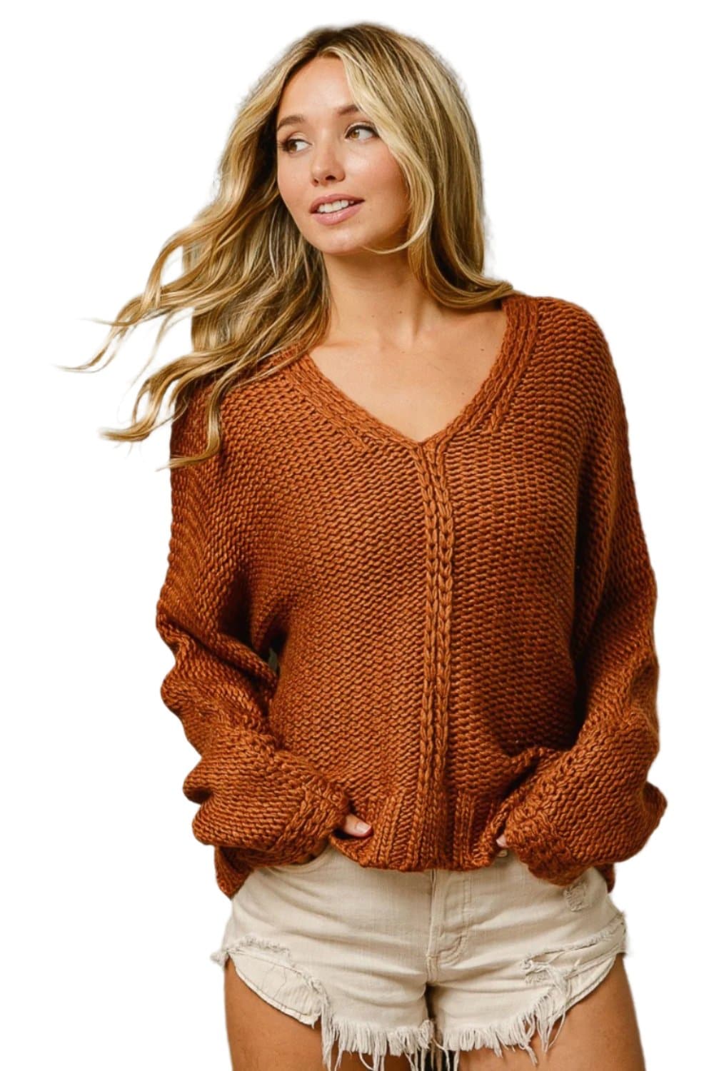 BiBi V-Neck Cable Knit Sweater.