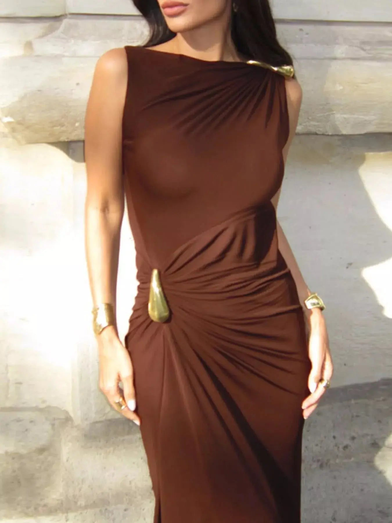 Draped Sleeveless Bodycon Maxi Dress with Metal Decorative Simply Love