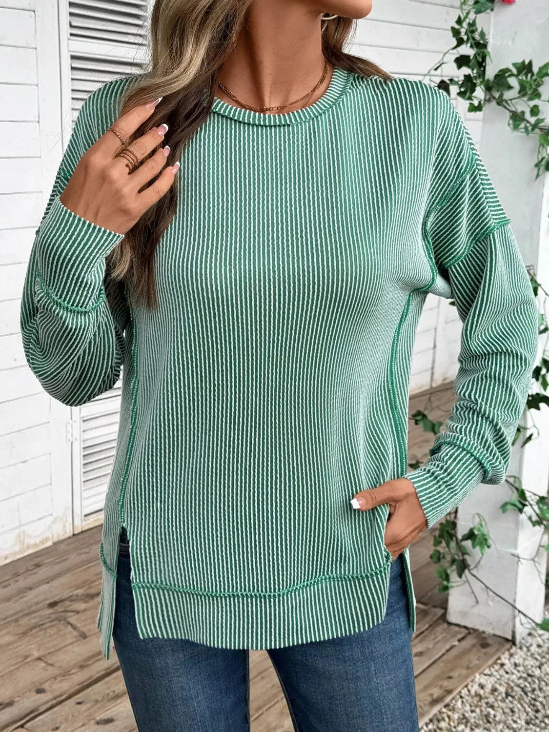Side Slit Round Neck Sweatshirt Simply Love