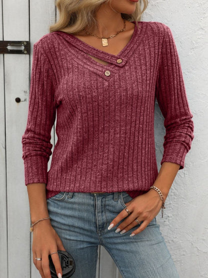 Ribbed V-Neck Long Sleeve T-Shirt.