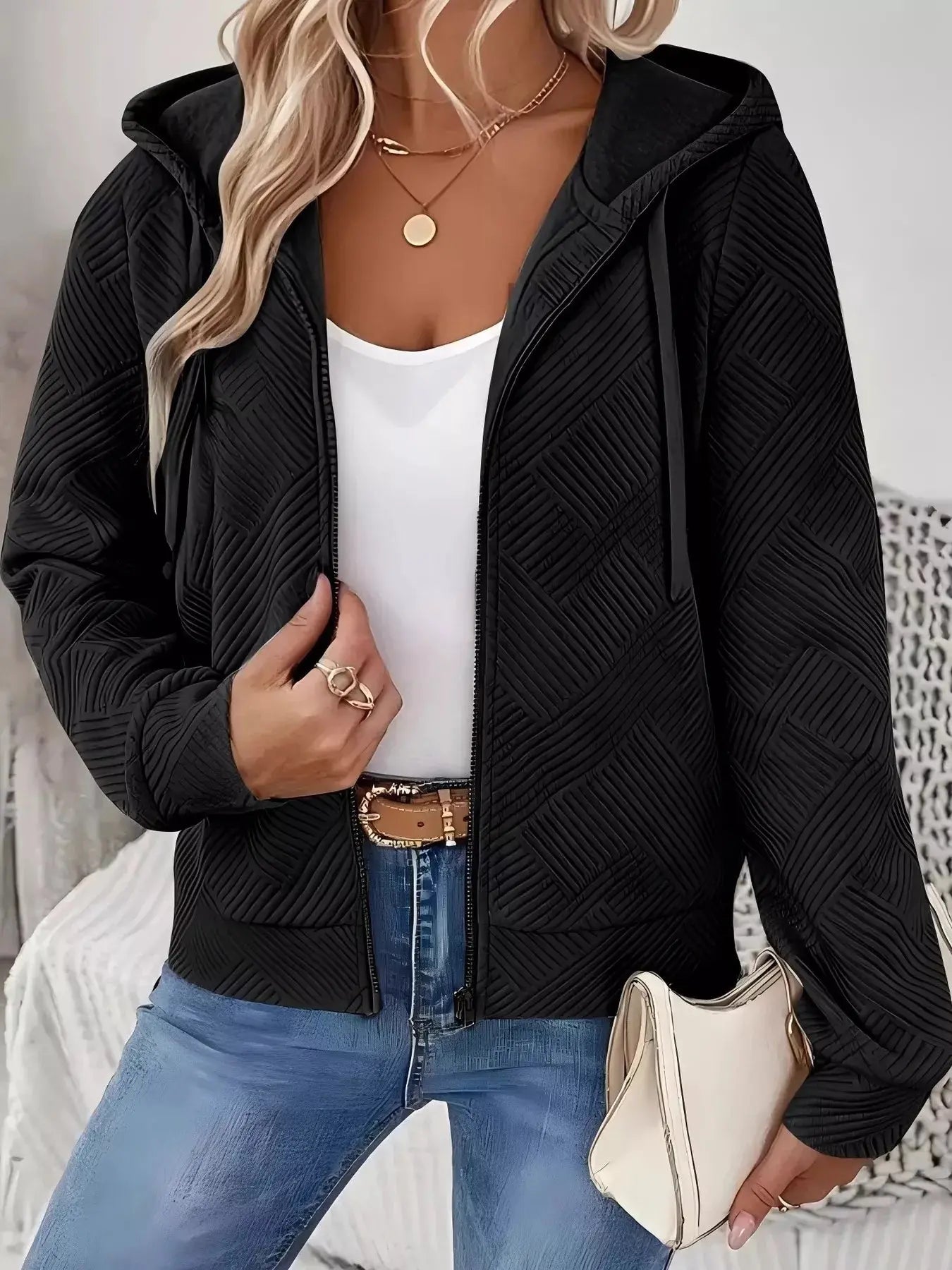 Textured Zip-Up Hooded Jacket Simply Love