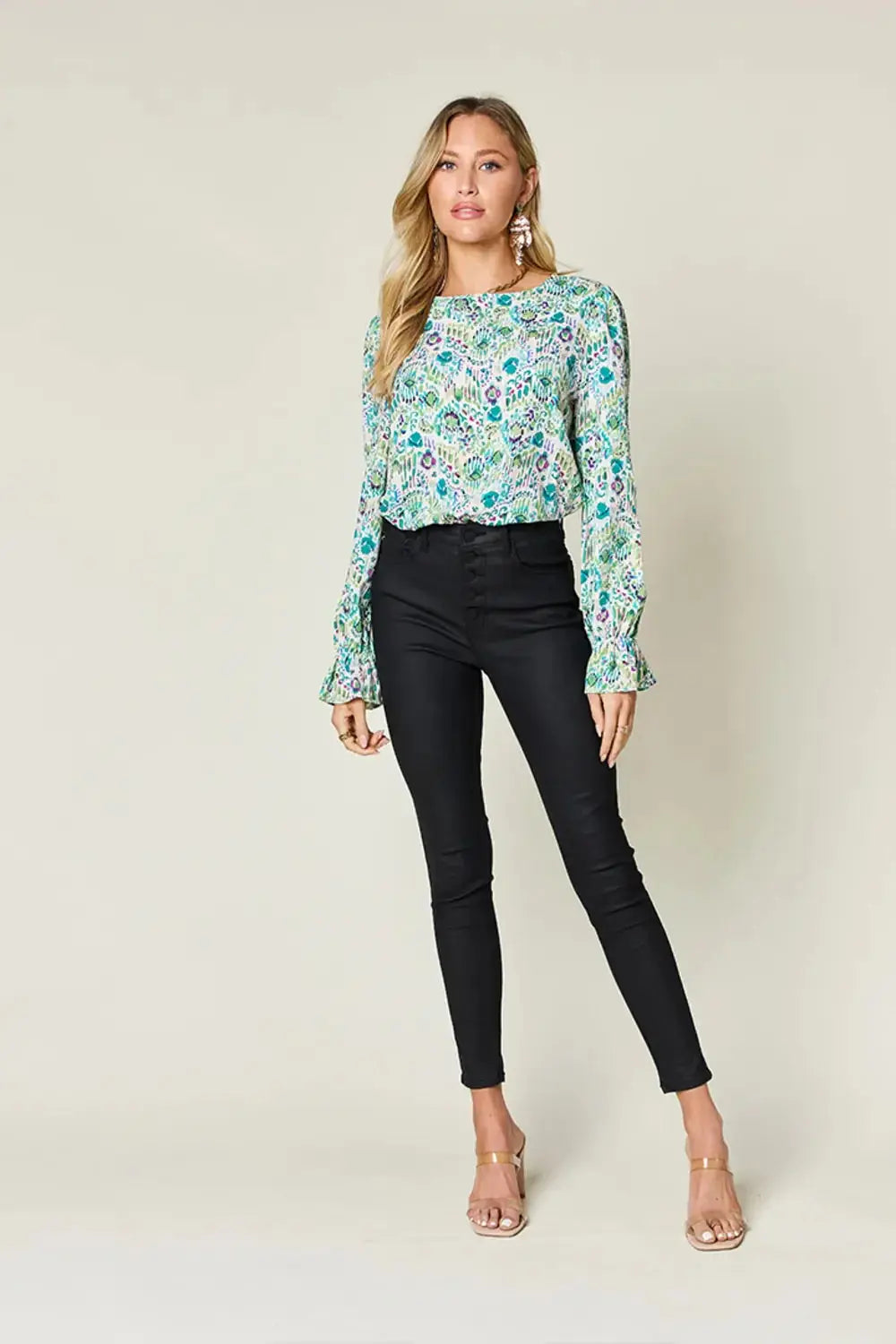 Double Take Full Size Printed Flounce Sleeve Blouse - Love Salve