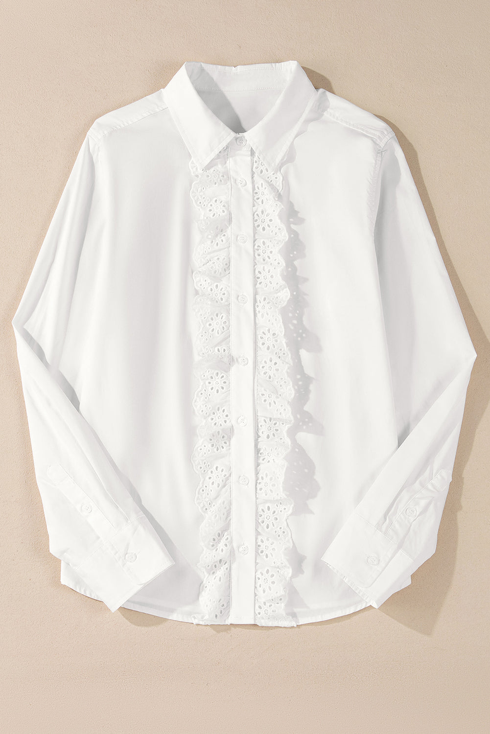 White Lace Crochet Trim Turn Down Collar Buttoned Shirt