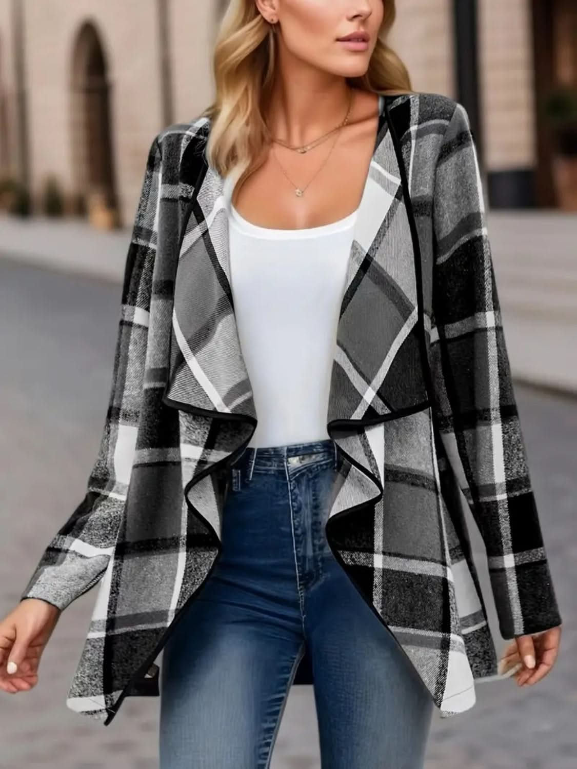 Chic plaid long sleeve open-front jacket