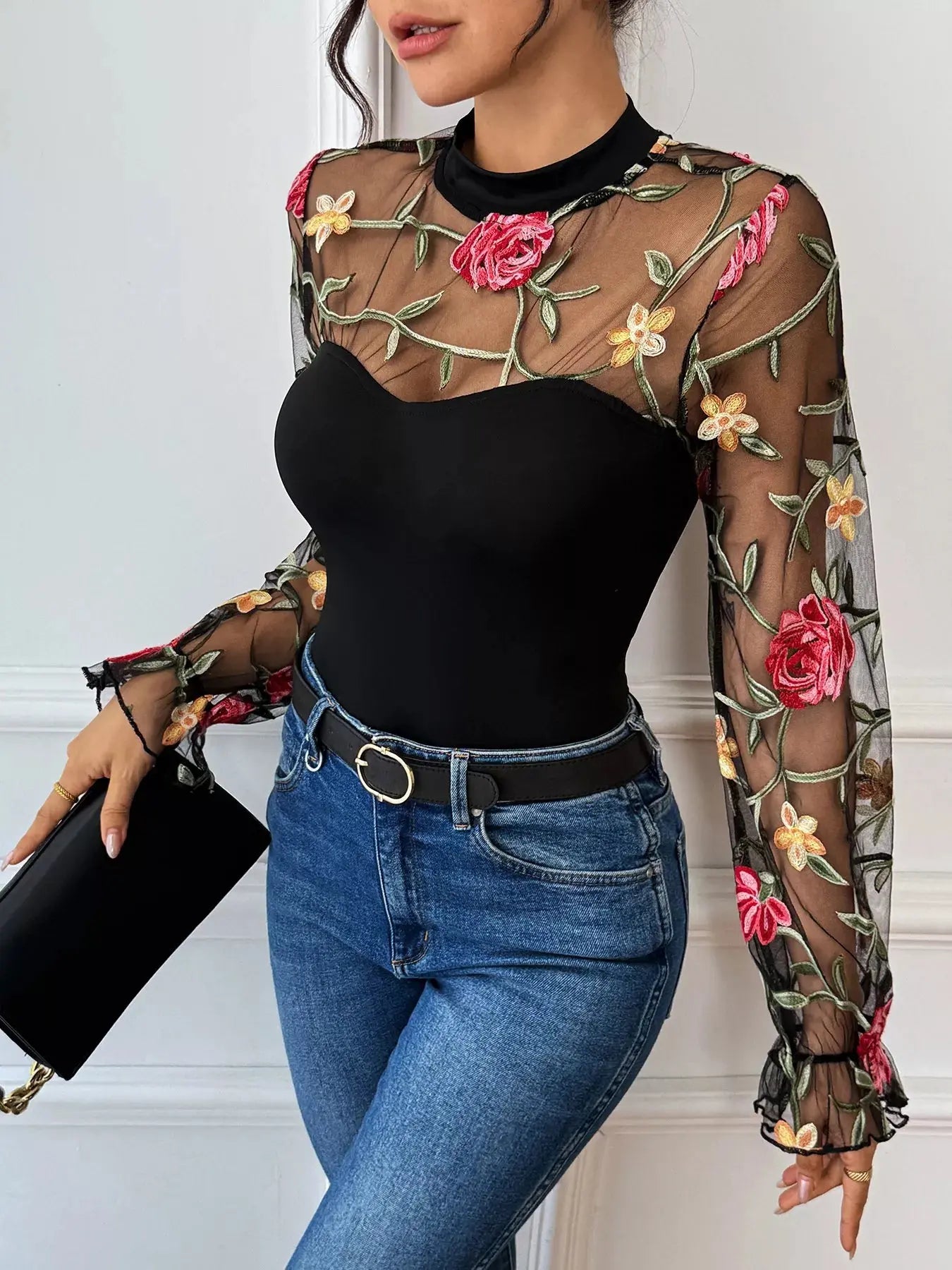 Floral Embroidered Mesh Long Sleeve Bodysuit Simply Love