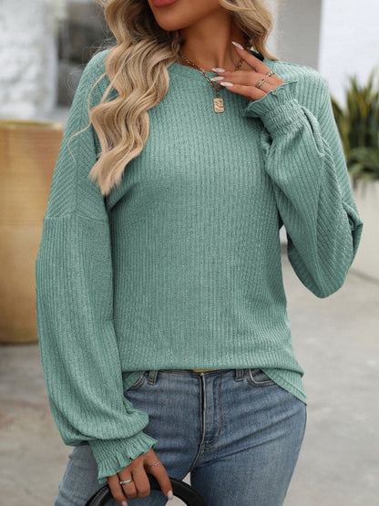 Ribbed Round Neck Long Sleeve T-Shirt.