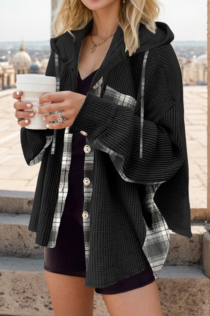 Plaid Waffle-Knit Drawstring Hooded Jacket.