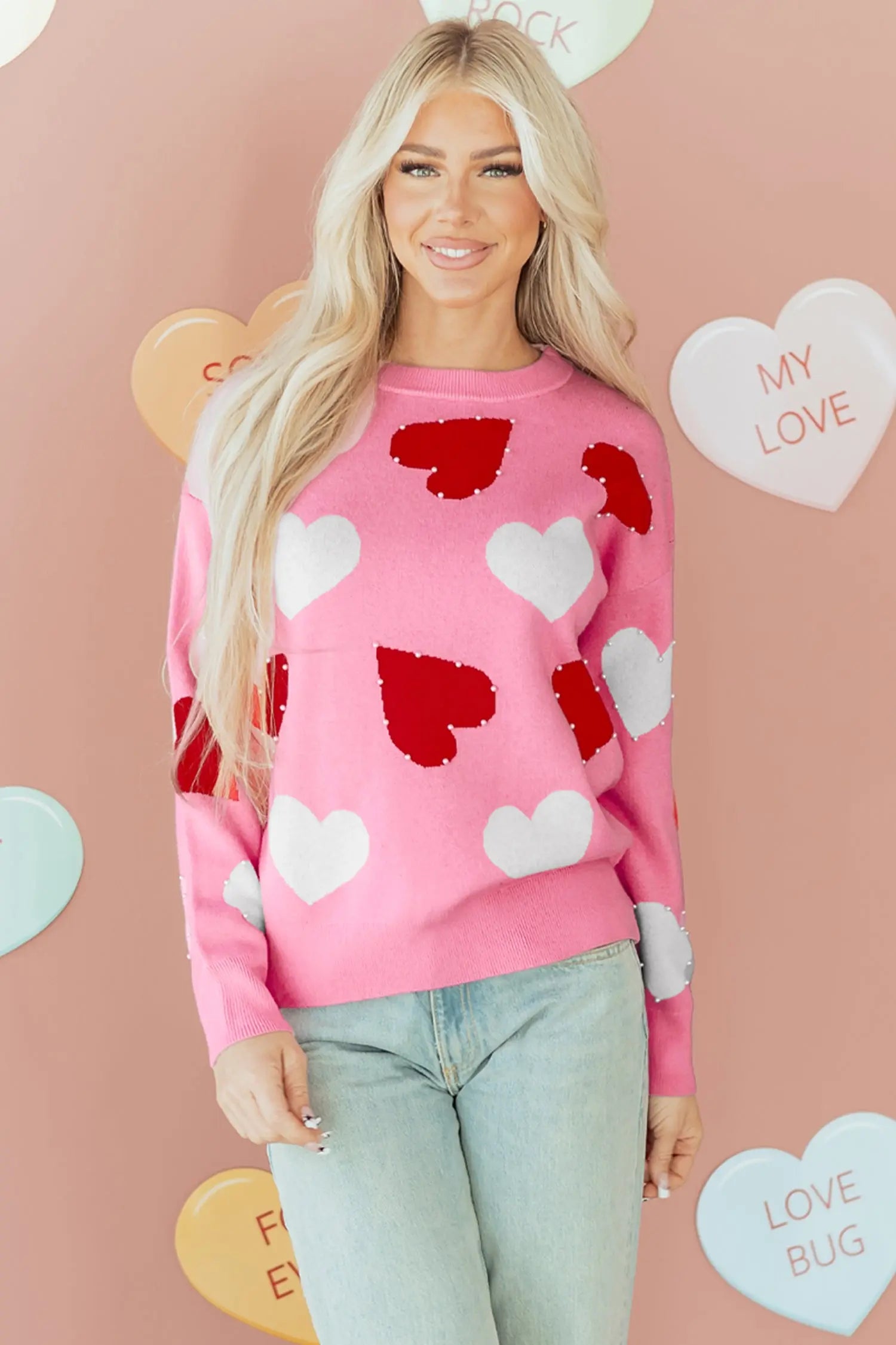 Pink Pearl Embellished Heart Pattern Valentines Day Knit Sweater Dear-Lover Dropshipping