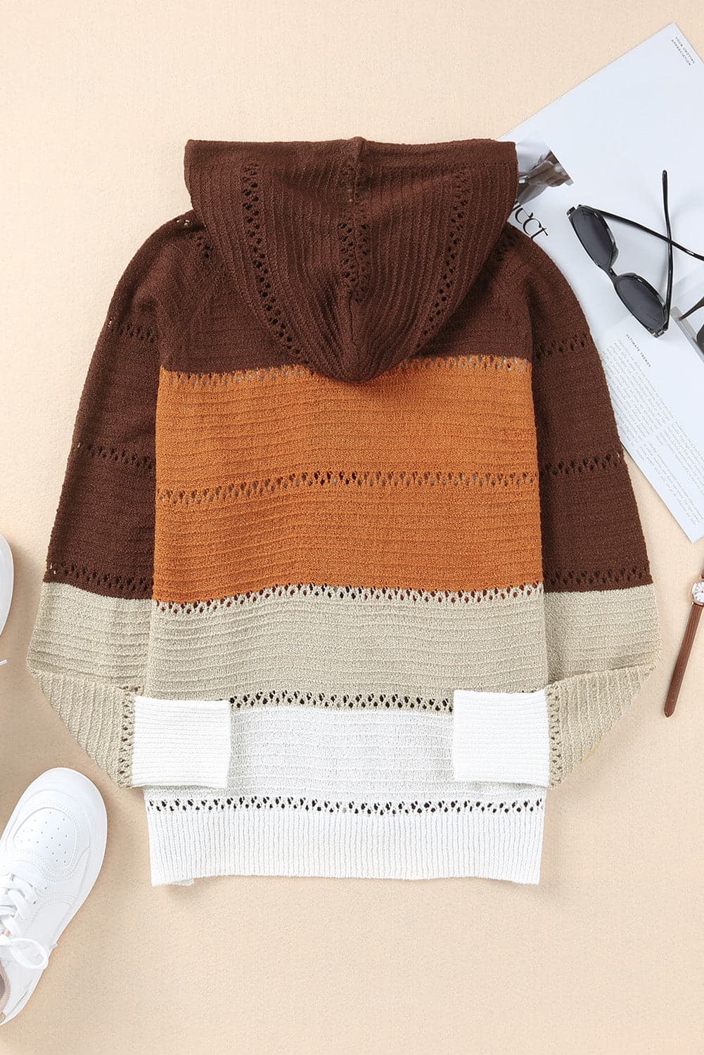 Zip-Up Raglan Sleeve Openwork Hooded Cardigan.