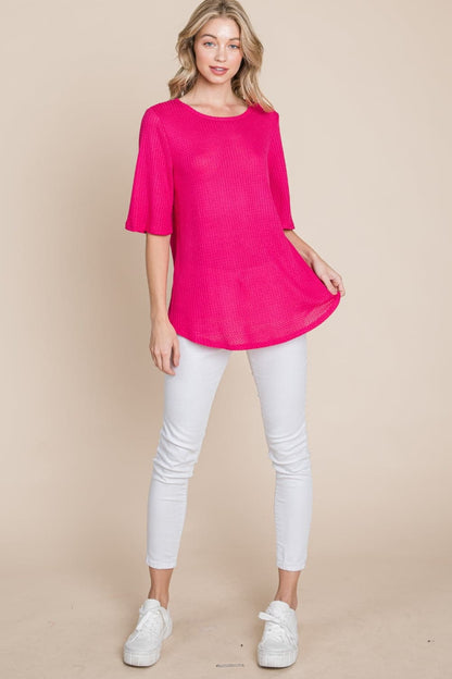 BOMBOM Round Neck Waffle Knit T-Shirt.