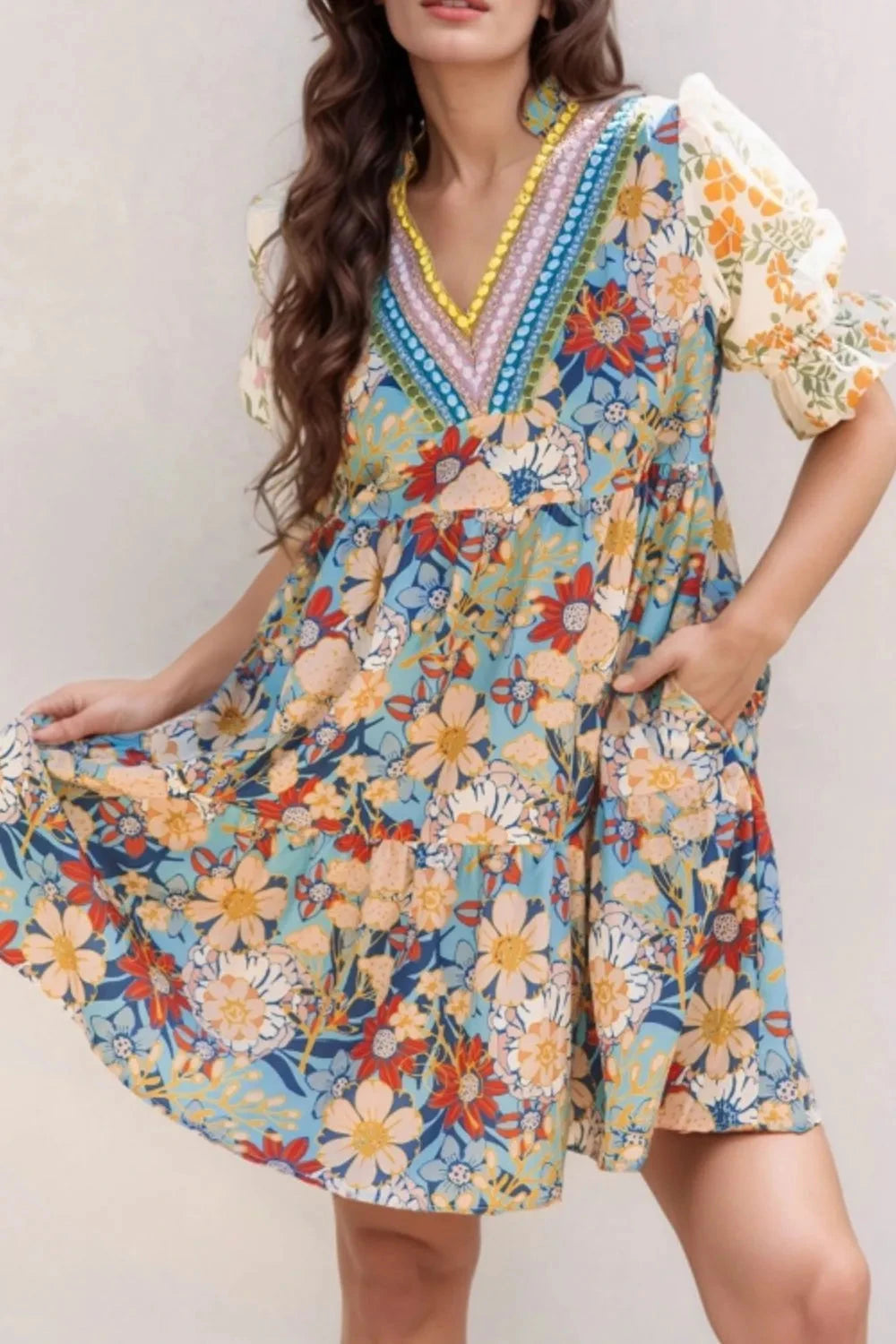 Printed Notched Flounce Sleeve Mini Dress Simply Love