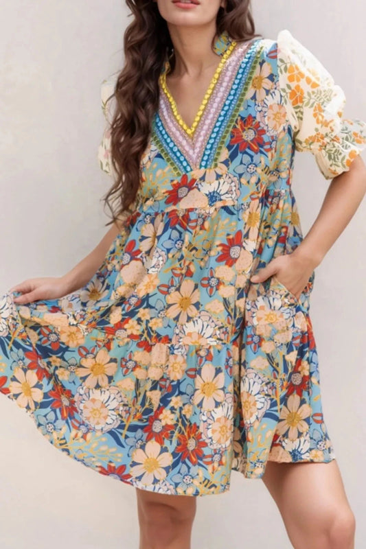 Printed Notched Flounce Sleeve Mini Dress Simply Love