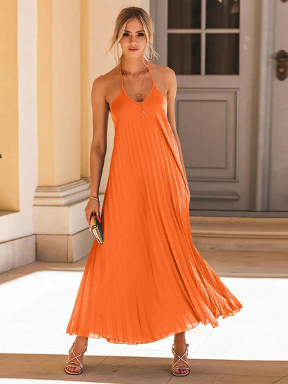 Pleated Halter Neck Sleeveless Dress.