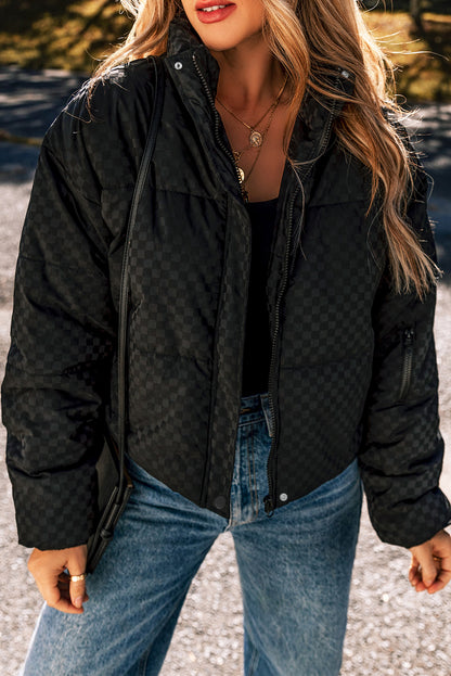 Chic black checkerboard puffer jacket with full zipper