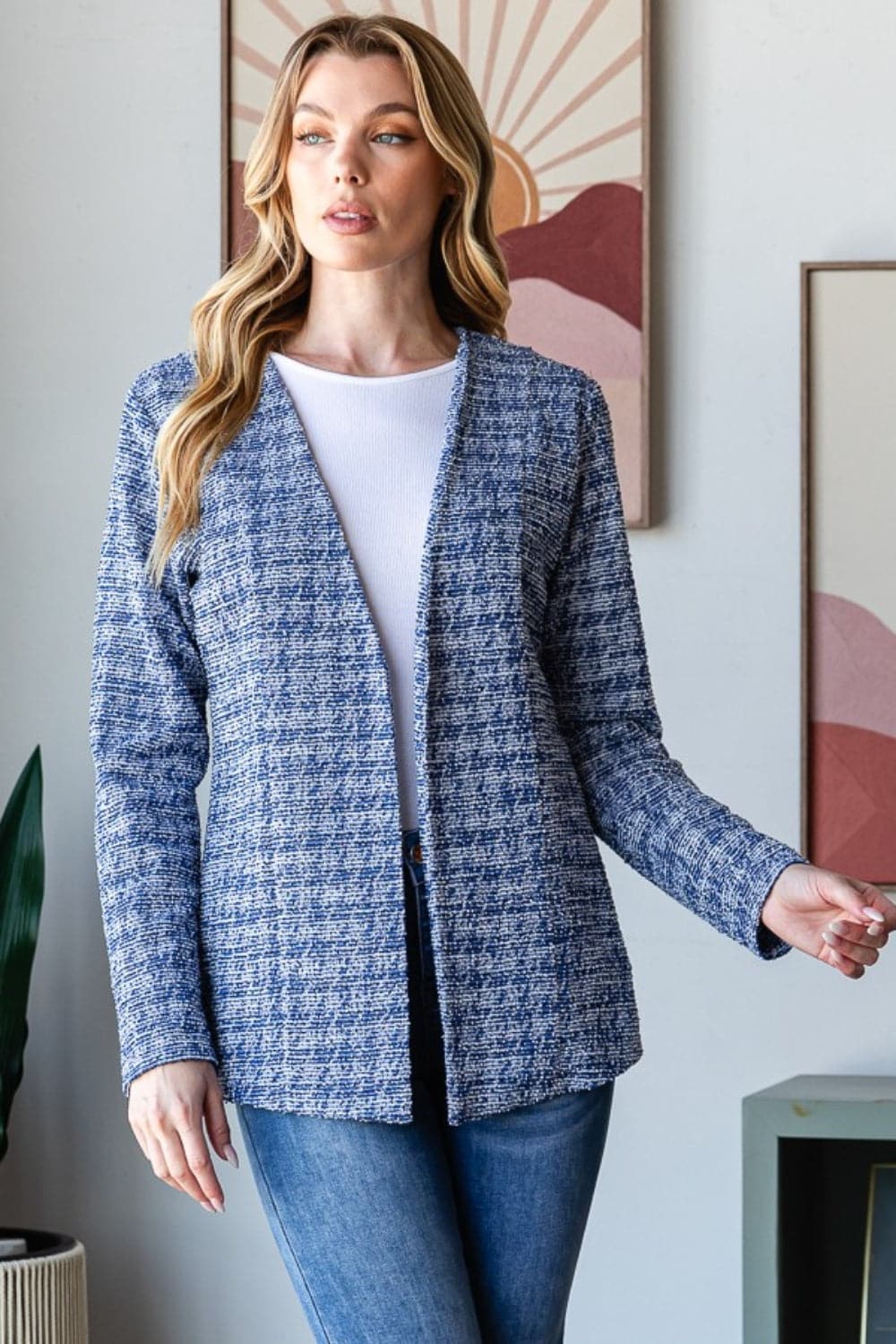 Chic houndstooth tweed open front blazer for effortless style