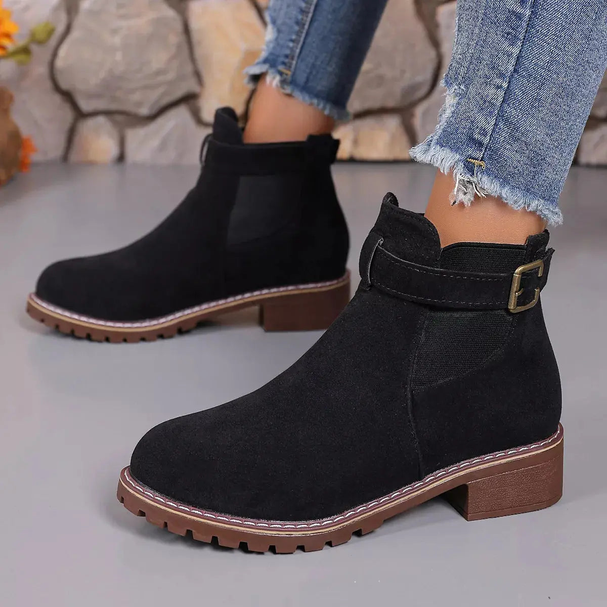 Women Round Toe Block Heel Ankle Boots Buckle Strap PU Leather Black Simply Love