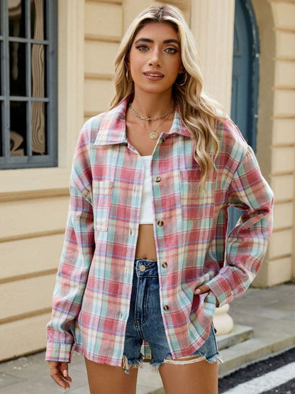 Plaid Collared Neck Long Sleeve Shirt.