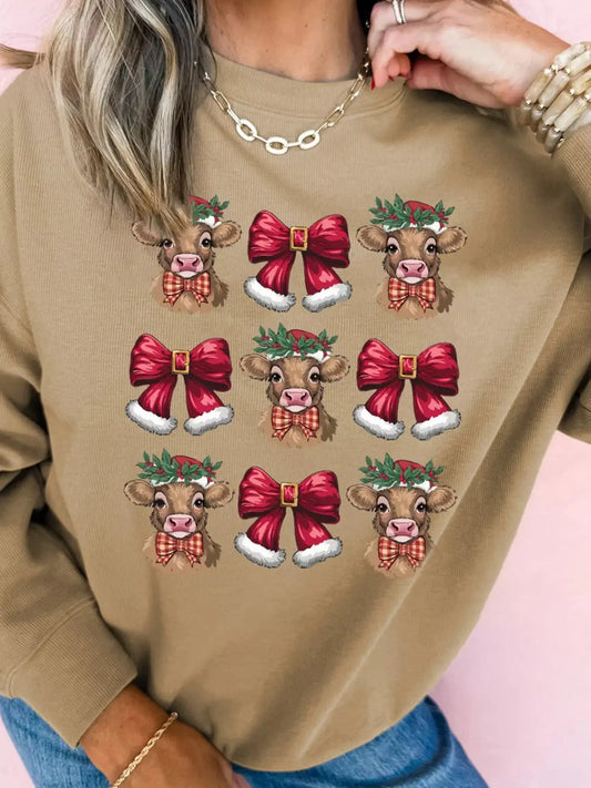 Christmas Heifer Bow Knot Print Casual Sweatshirt Simply Love