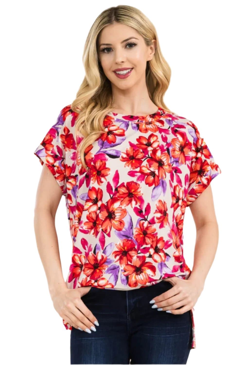 Celeste floral print short sleeve t-shirt with round neckline and vibrant flower design.