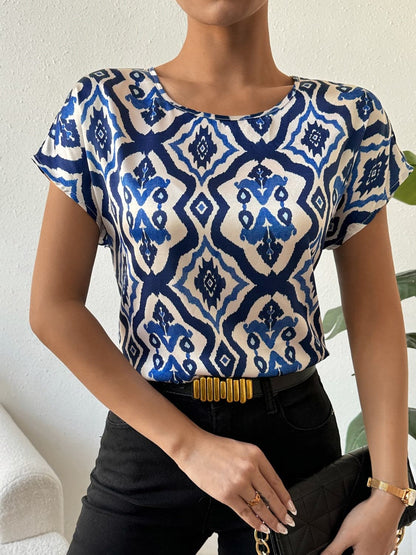 Printed Round Neck Short Sleeve Blouse.