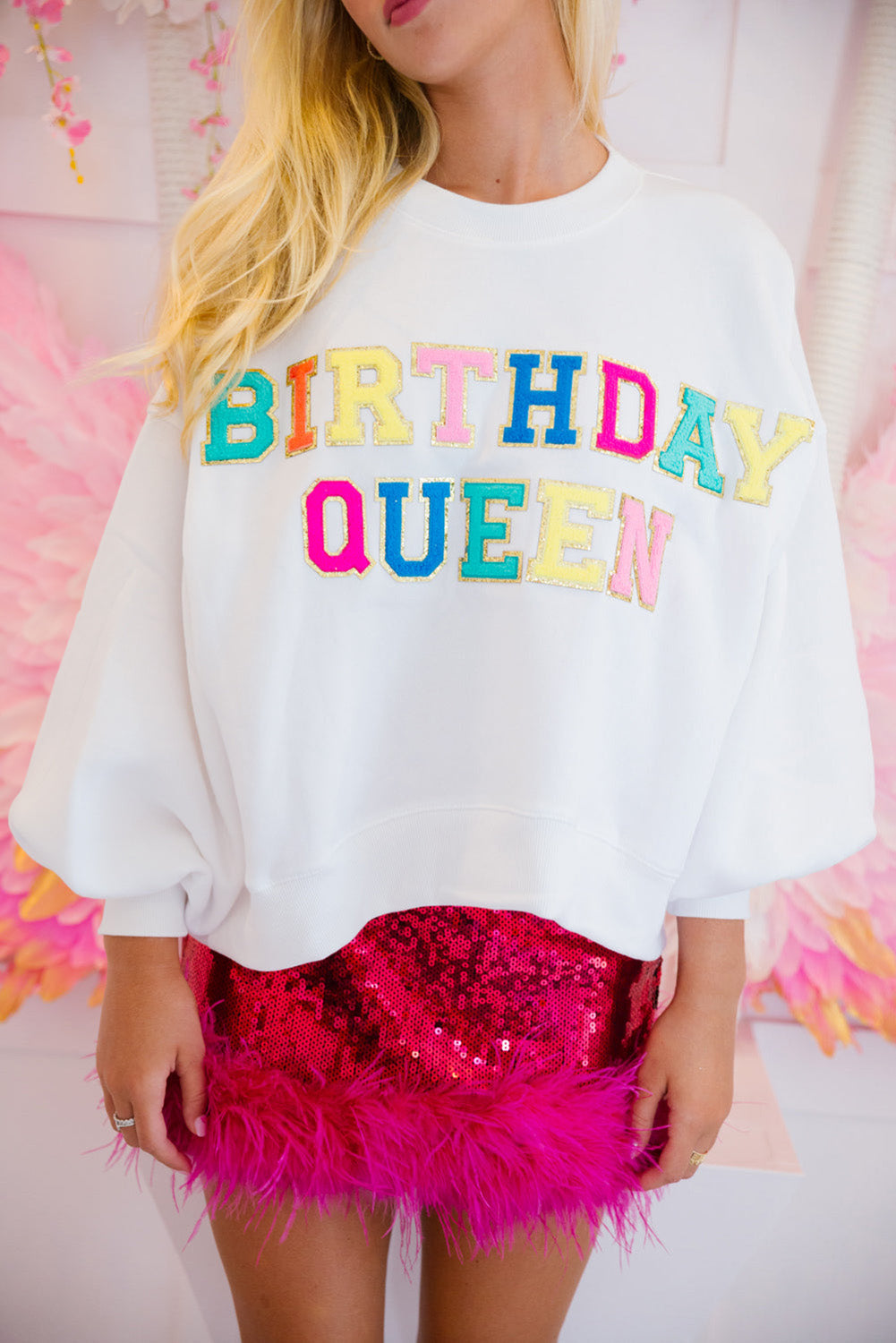 Birthday queen graphic sweatshirt with balloon sleeves