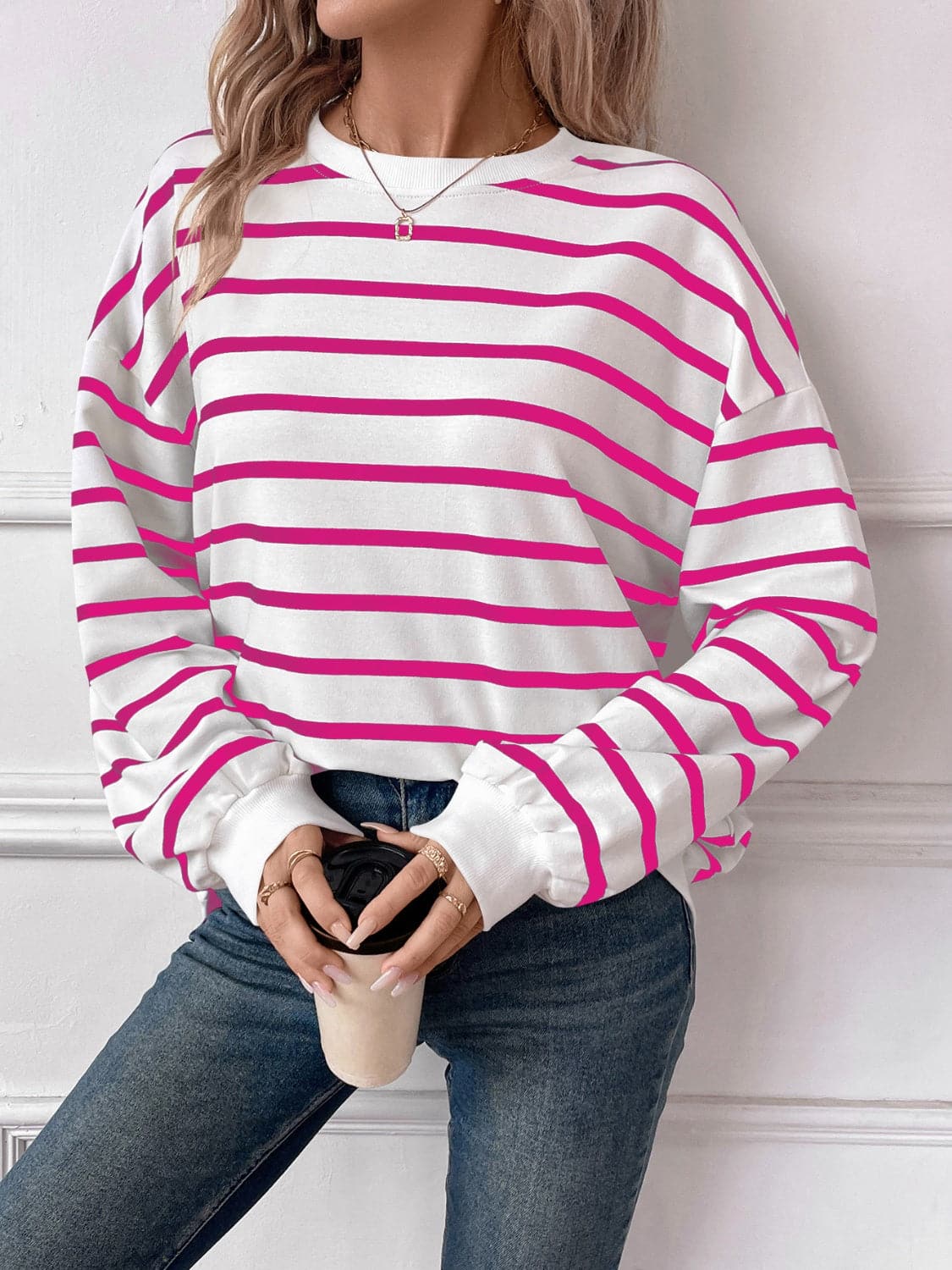 Striped Round Neck Long Sleeve Sweatshirt.