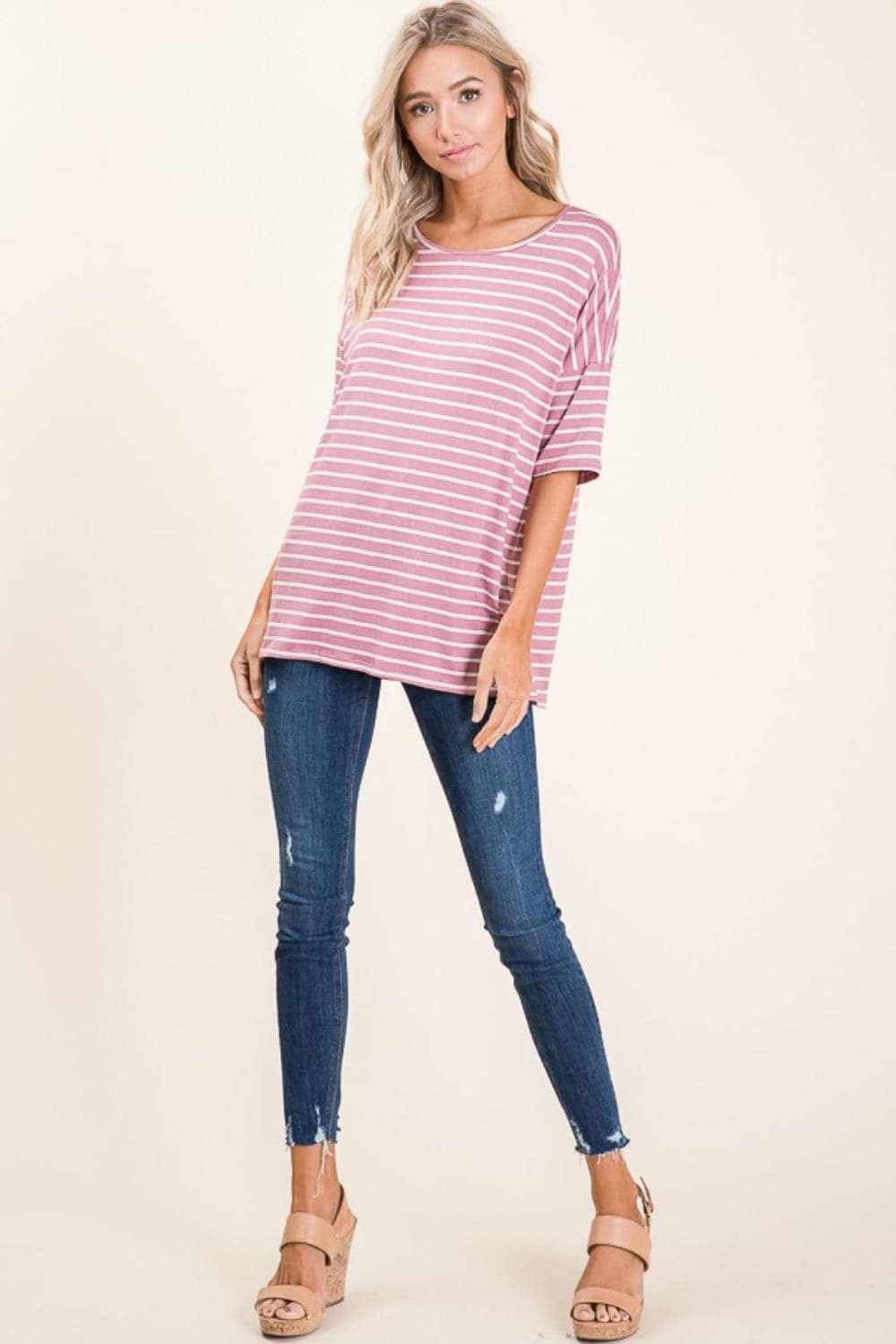 BOMBOM Striped Round Neck Half Sleeve T-Shirt.