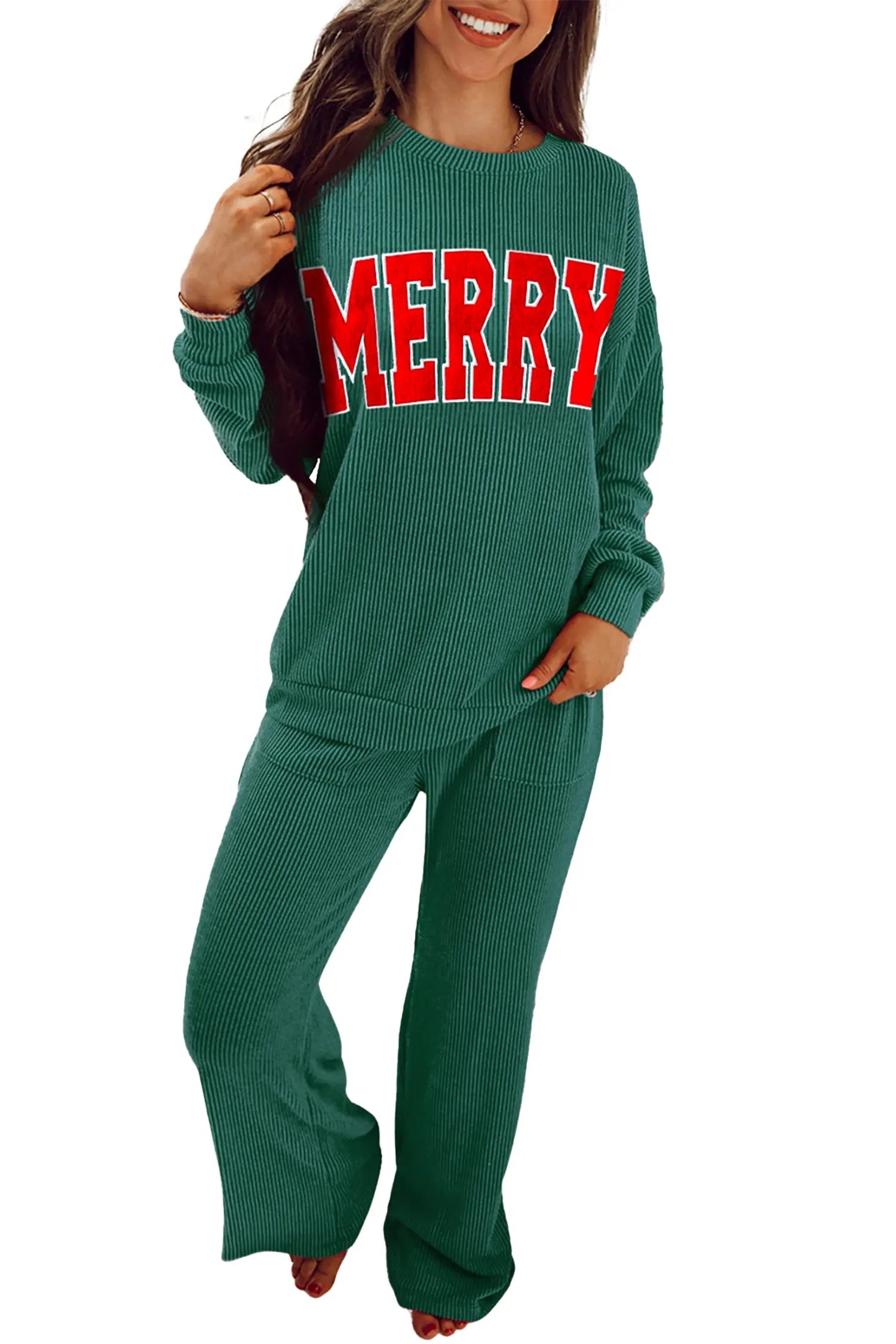 Dark Green Merry Corded Long Sleeve Top and Pockets Pants Set Dear-Lover Dropshipping