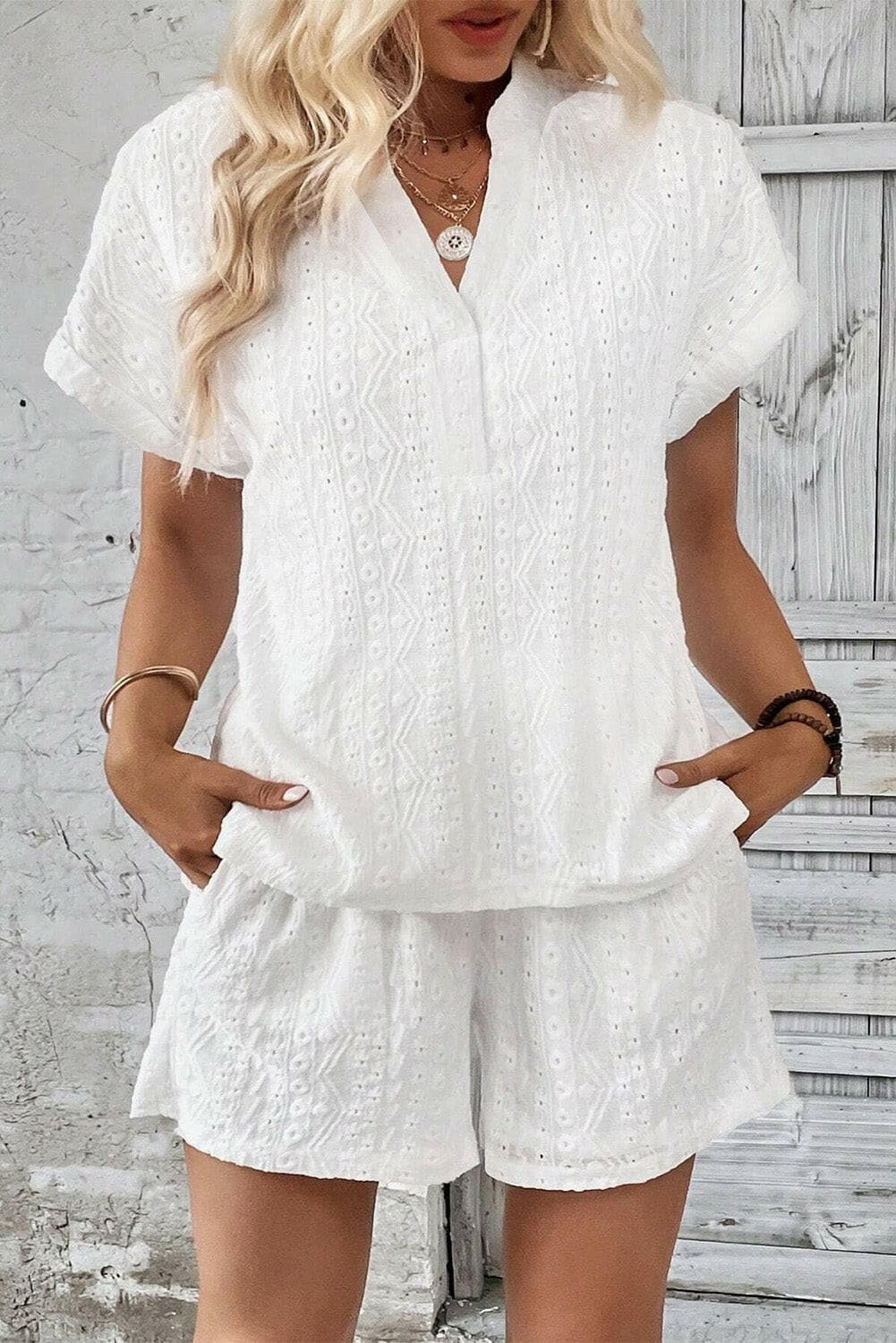 Notched Short Sleeve Top and Shorts Set.